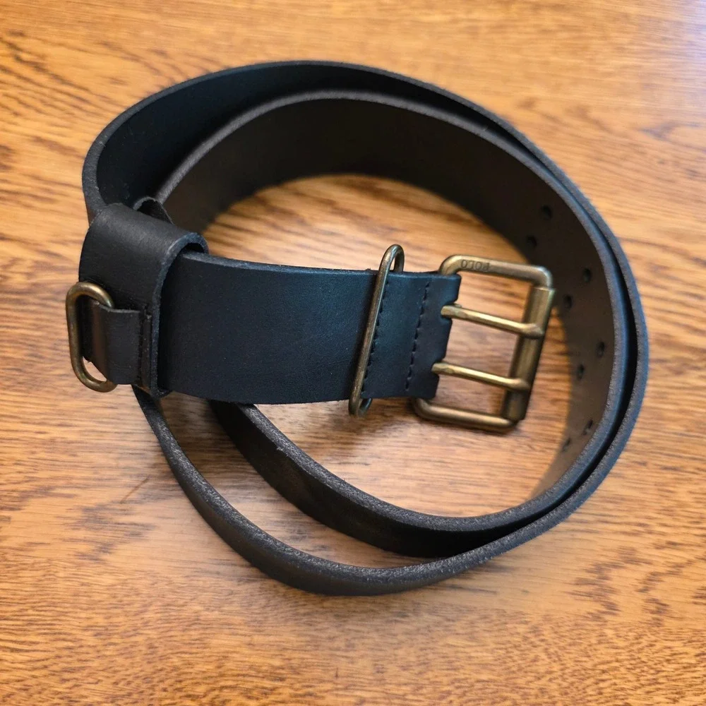 Polo Ralph Lauren Mens Sz 32 Black Leather Double Prong Brass Roller Buckle Belt